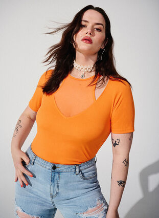 Zizzi Aansluitende blouse met mesh detail, Vibrant Orange, Image image number 0