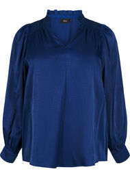 Blouse met lange mouwen, ruches en V-hals, Estate Blue