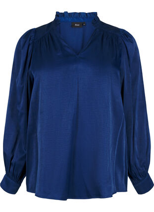 Zizzi Blouse met lange mouwen, ruches en V-hals, Estate Blue, Packshot image number 0