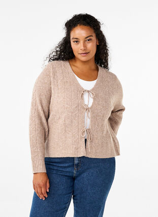 Zizzi Gebreid vest met strikdetails, Simply Taupe Mel., Model image number 0