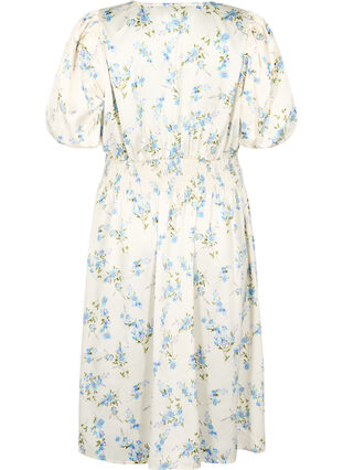 Zizzi Satijnen jurk met pofmouwen en bloemenprint, Off White Blue Fl., Packshot image number 1