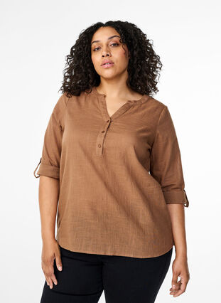 Zizzi Katoenen overhemdblouse met V-hals, Coca Mocha, Model image number 0