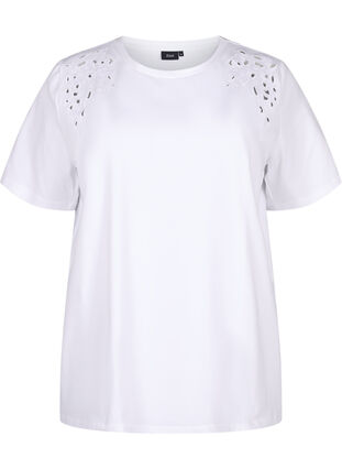 Zizzi T-shirt van biologisch katoen met geborduurde details, Bright White, Packshot image number 0