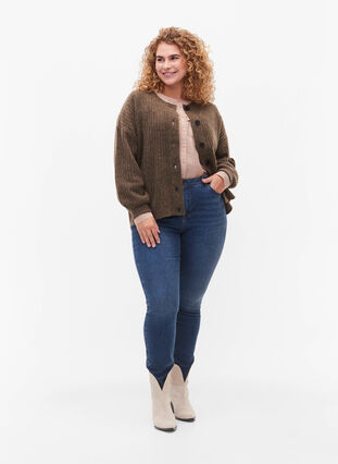 Zizzi Ribgestikte cardigan met knopen, Brown Mel., Model image number 2