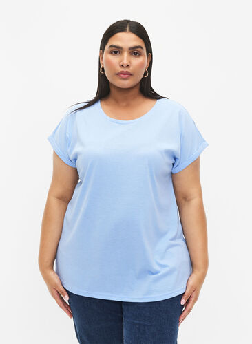 Zizzi T-shirt met korte mouwen van katoenmix, Serenity, Model image number 0