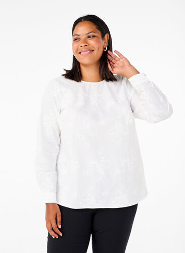 Zizzi Blouse met lange mouwen en borduurwerk, Bright White, Model image number 0