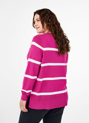 Zizzi Gebreide viscose blouse met strepen, Fuchsia Red Comb, Model image number 1