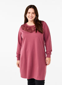 Korte sweat jurk met kanten detail, Rose Brown, Model