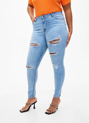 Zizzi Slim fit jeans met slijtagedetails, Light Blue, Model image number 2