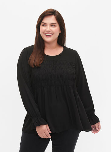 Zizzi Gesmokte blouse met lange mouwen, Black, Model image number 0