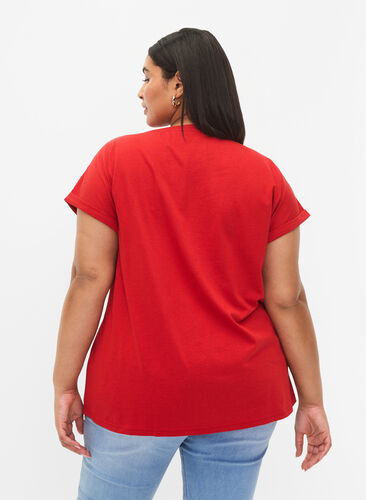 Zizzi T-shirt met korte mouwen van katoenmix, Tango Red, Model image number 1