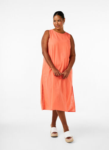 Zizzi Mouwloze jurk van katoenmix met linnen, Living Coral, Model image number 0