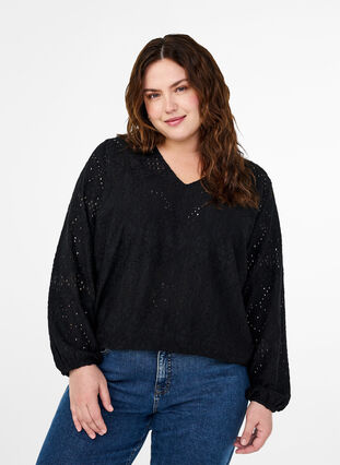 Zizzi Blouse met lange mouwen, V-hals en gaatjespatroon, Black, Model image number 0