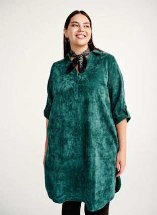 Zizzi Fluwelen jurk met 3/4 mouwen en knopen, Deep Teal, Image image number 0