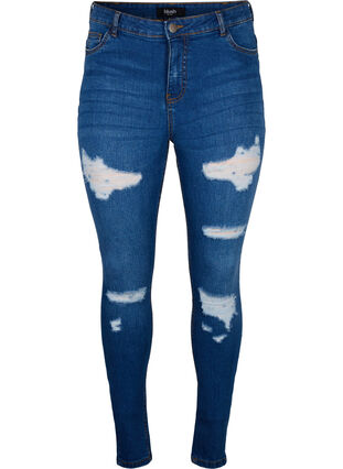 Zizzi Slim fit jeans met slijtagedetails, Blue Denim, Packshot image number 0