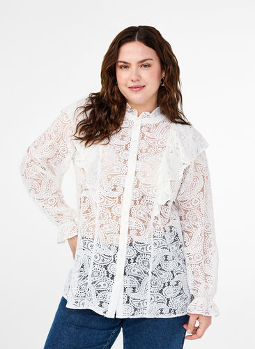 Zizzi Kanten overhemd-blouse met ruches, Snow White, Model image number 0