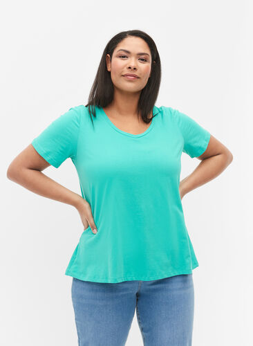 Zizzi Basic t-shirt in effen kleur met katoen, Aqua Green, Model image number 0