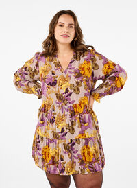 Tuniek met lange mouwen en bloemenprint, Purple Flower, Model