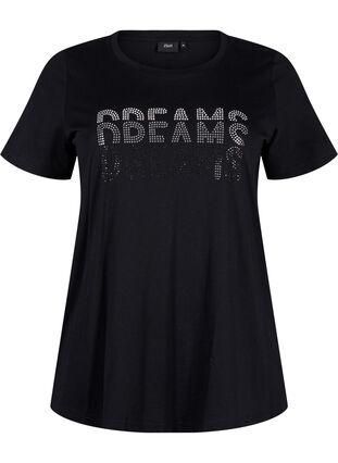 Zizzi Katoenen T-shirt met strasmotief, Black w. Dream, Packshot image number 0