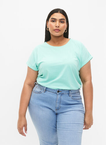 Zizzi T-shirt met korte mouwen van katoenmix, Cabbage, Model image number 0