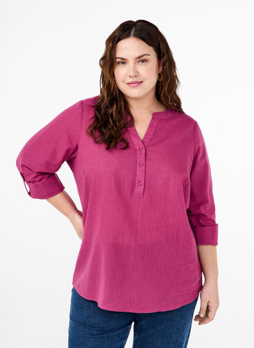 Zizzi Katoenen overhemdblouse met V-hals, Malaga, Model image number 0