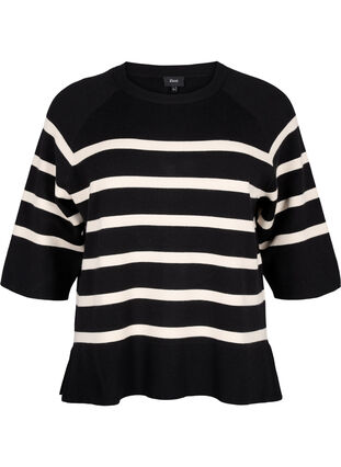 Zizzi Gebreide blouse met 3/4 mouwen en strepen, Black Birch Stripes, Packshot image number 0