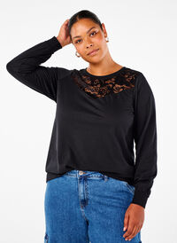 Sweatshirt met kanten details, Black, Model