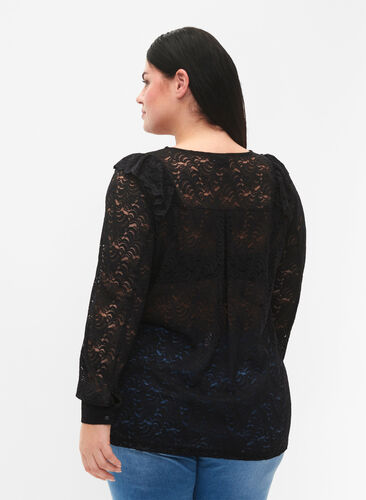 Zizzi Kanten blouse met lange mouw, Black, Model image number 1