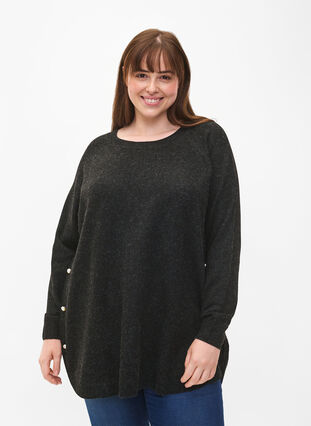 Zizzi Gebreide gemêleerde pullover met parelknopen aan de zijkanten	, Dark Grey Melange, Model image number 0