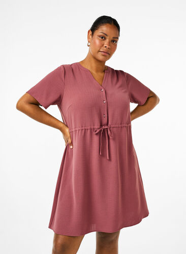 Zizzi Jurk met korte mouwen en strik in de taille, Rose Brown, Model image number 0