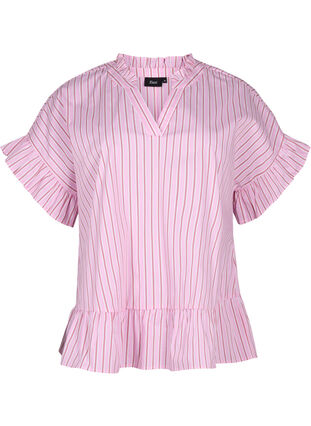 Zizzi Gestreepte blouse met peplum en ruches, Pink Red Stripe, Packshot image number 0
