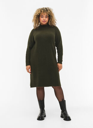 Zizzi Ribbed Knit Dress met col, Forest Night Mel., Model image number 2