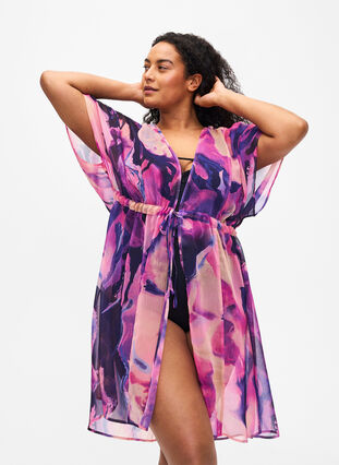 Zizzi Strand kimono met print., Purple Swirl, Model image number 0