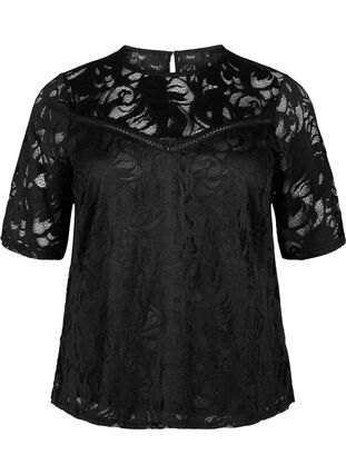Zizzi Kanten blouse met korte mouwen, Black, Packshot image number 0
