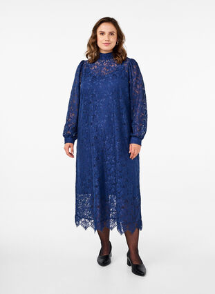 Zizzi Jurk van kant met lange mouwen en hoge hals, Estate Blue, Model image number 0