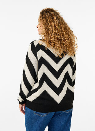 Zizzi Gebreide trui met hoge hals en rits, Black Birch Stripe, Model image number 1