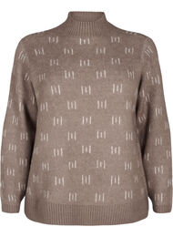 Gebreide blouse met hoge hals en patroon, Walnut Mel. Comb