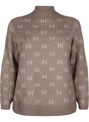 Zizzi Gebreide blouse met hoge hals en patroon, Walnut Mel. Comb, Packshot image number 0