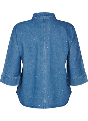 Zizzi Denim shirt met strassteentjes en driekwartmouwen, Bl. Denim Rhinestone, Packshot image number 1