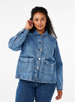 Zizzi Denim overhemdjasje met zakken, Blue Denim, Model image number 0