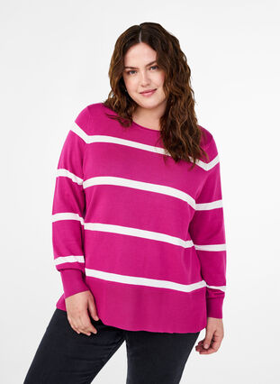 Zizzi Gebreide viscose blouse met strepen, Fuchsia Red Comb, Model image number 0