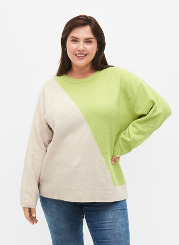 Zizzi Gebreide blouse met ronde hals en colorblock, Tender Shoots Comb, Model image number 0