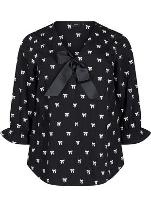 Zizzi Blouse met strikjes en 3/4 mouwen, Black White Bow, Packshot image number 0