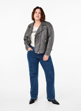 Zizzi Versleten imitatie leren jas, Dark Grey Wash, Model image number 3