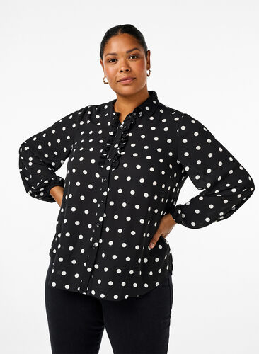 Zizzi Gestippeld shirt met ruches, Black W. White Dot, Model image number 0