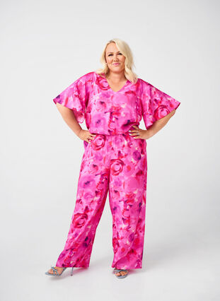 Zizzi Jumpsuit met bloemenpatroon en mouwen als vleermuisvleugels, Pink Rose AOP, Model image number 0