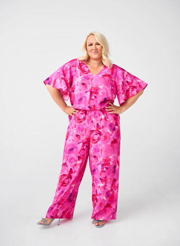 Zizzi Jumpsuit met bloemenpatroon en mouwen als vleermuisvleugels, Pink Rose AOP, Model image number 0