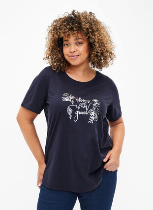 Zizzi FLASH - T-shirt met motief, Navy Blazer Bloom, Model image number 0