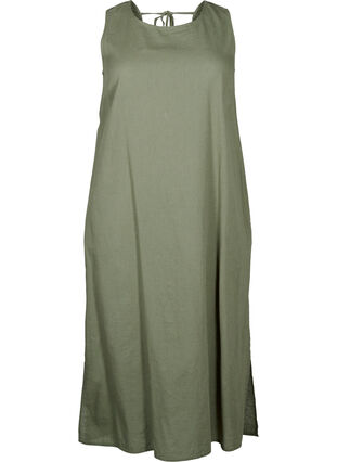 Zizzi Mouwloze jurk van katoenmix met linnen, Deep Lichen Green, Packshot image number 0
