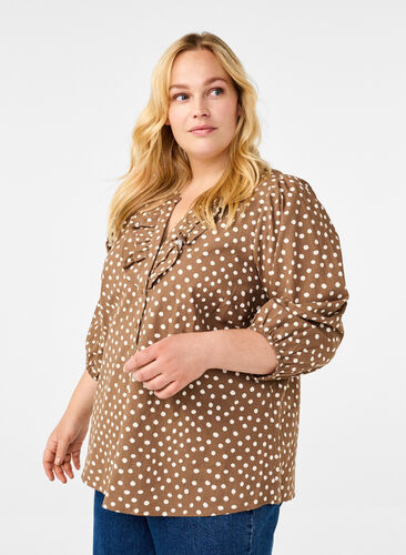 Zizzi Katoenen blouse met 3/4 mouwen en print, Coca Mocha Dot , Model image number 0